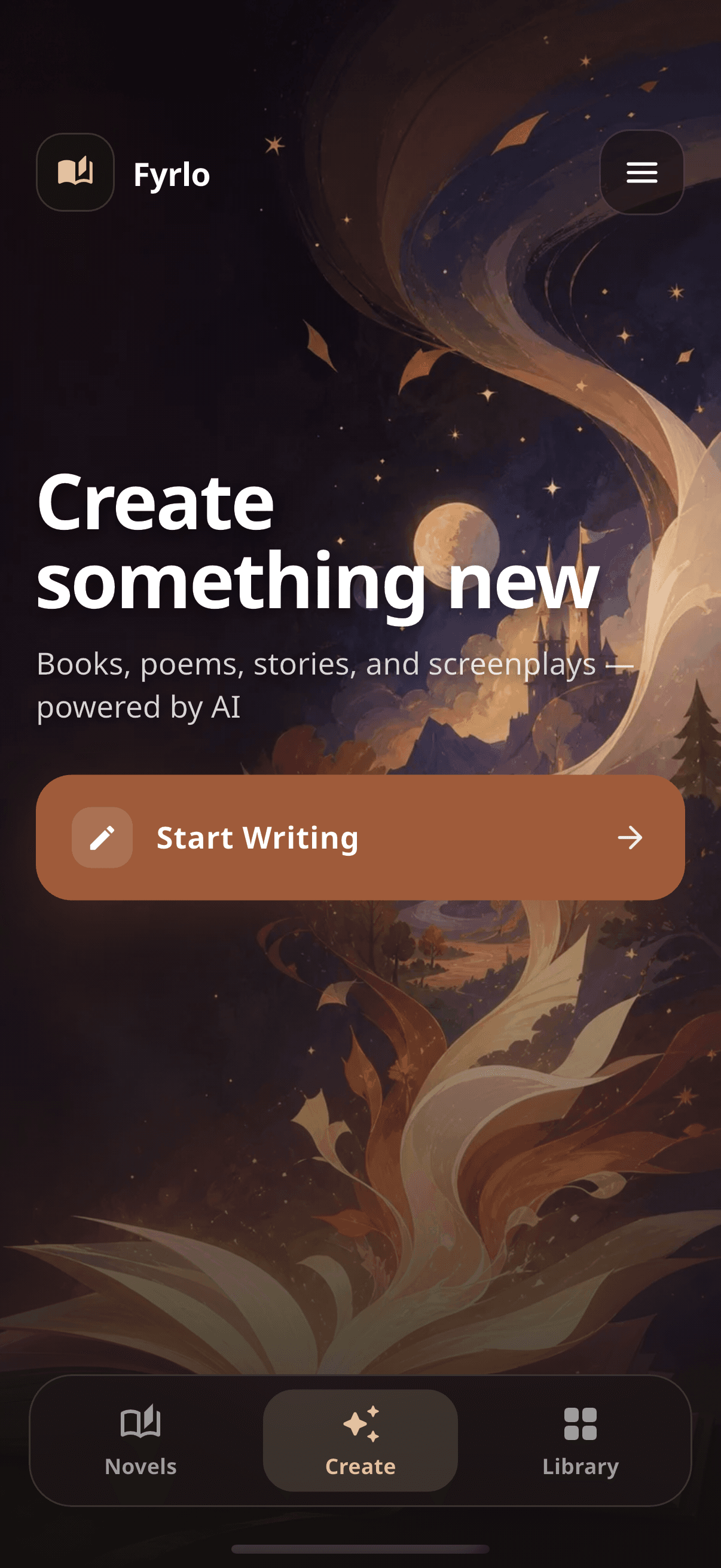 Fyrlo create screen on iPhone with a Start Writing action