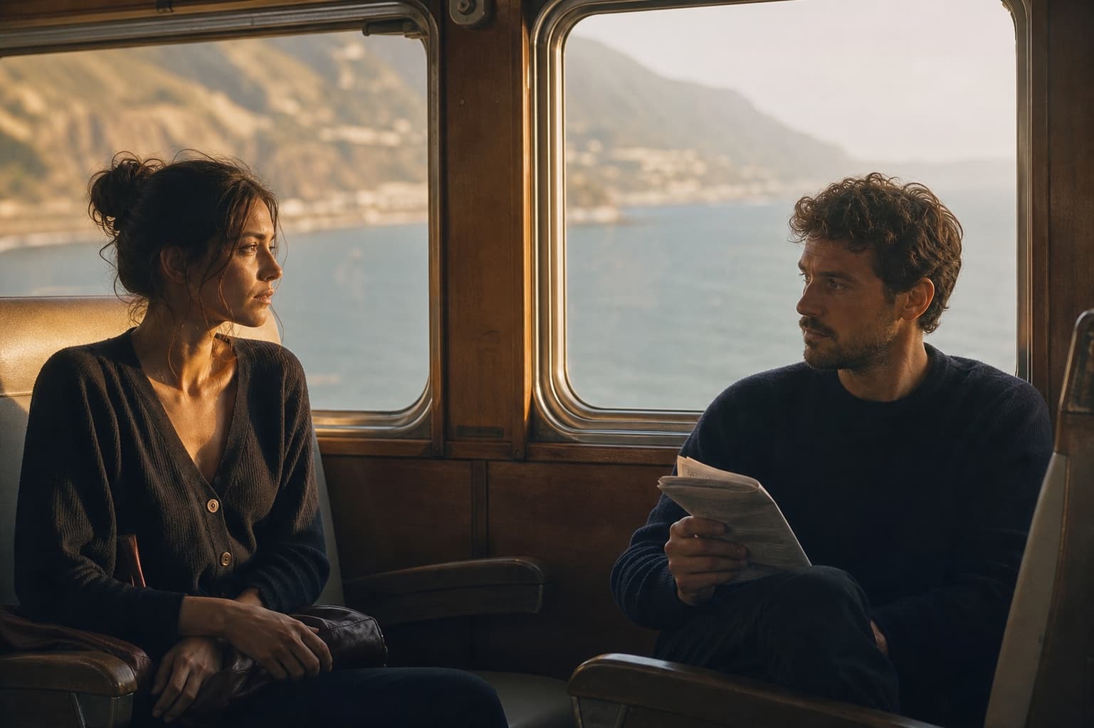 Cinematic romance scene with two people sharing a charged glance inside a coastal train