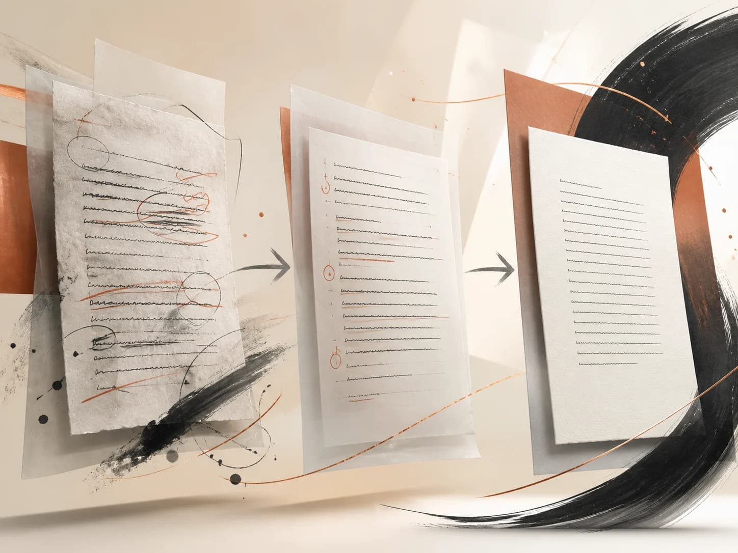 A manuscript progressing from annotated draft to a clean revised version