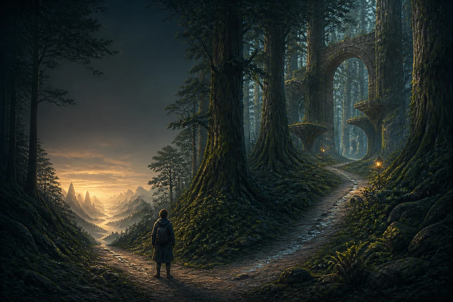 A traveler choosing between two paths in an ancient fantasy forest