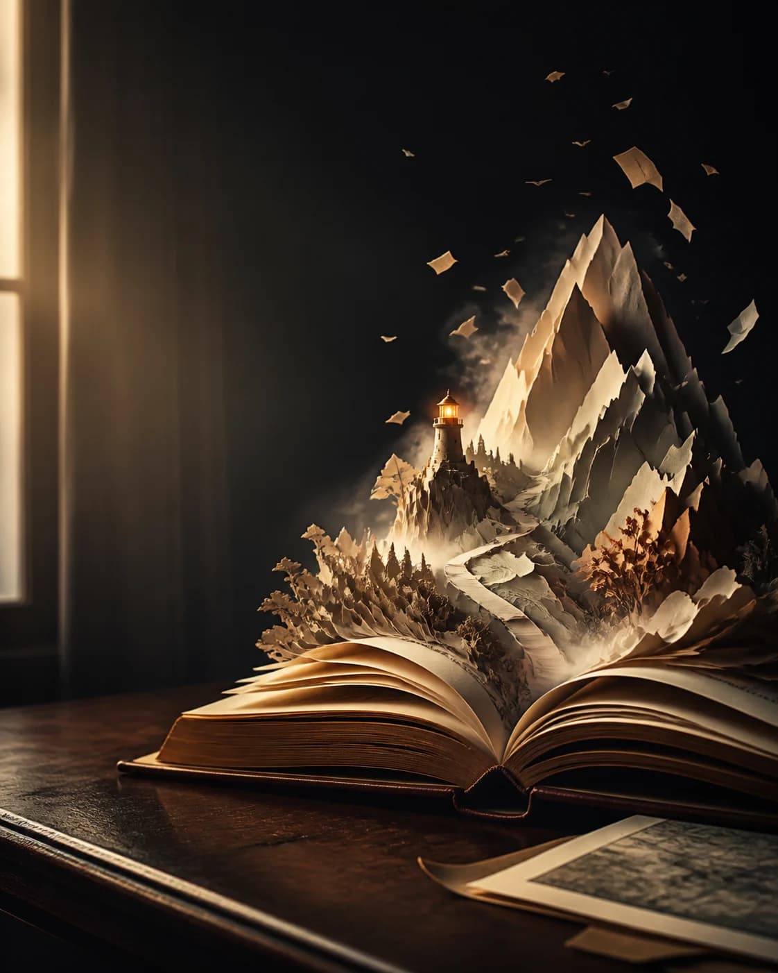 An open book releasing an imagined story world