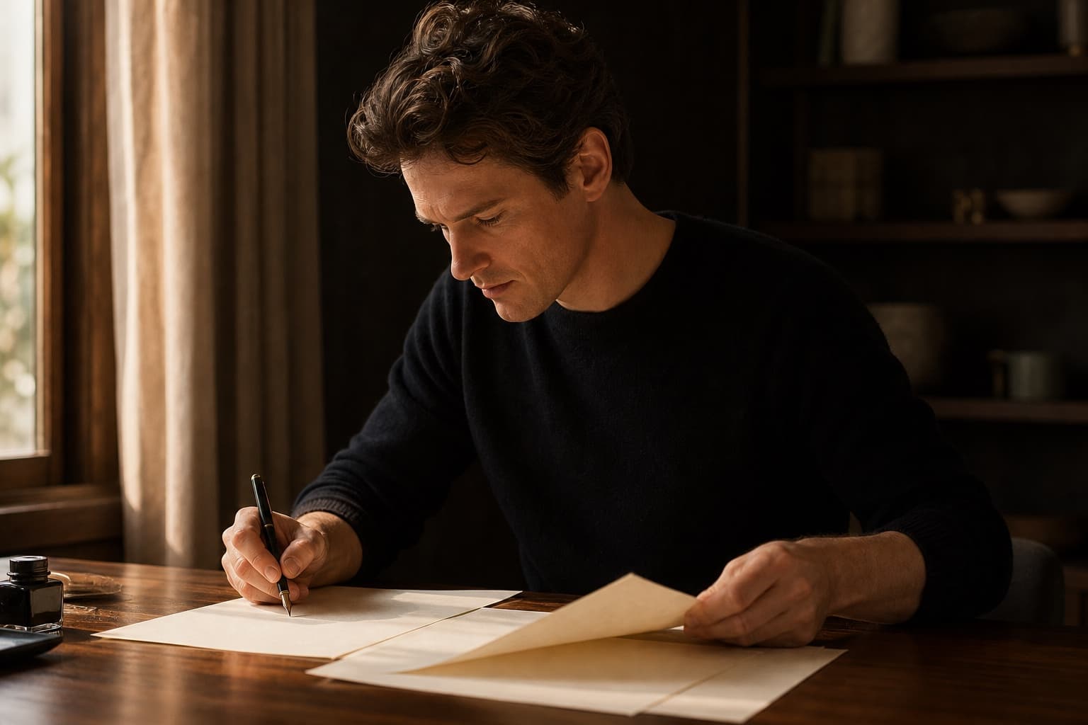 A writer shaping a manuscript by hand at a warm, focused writing desk
