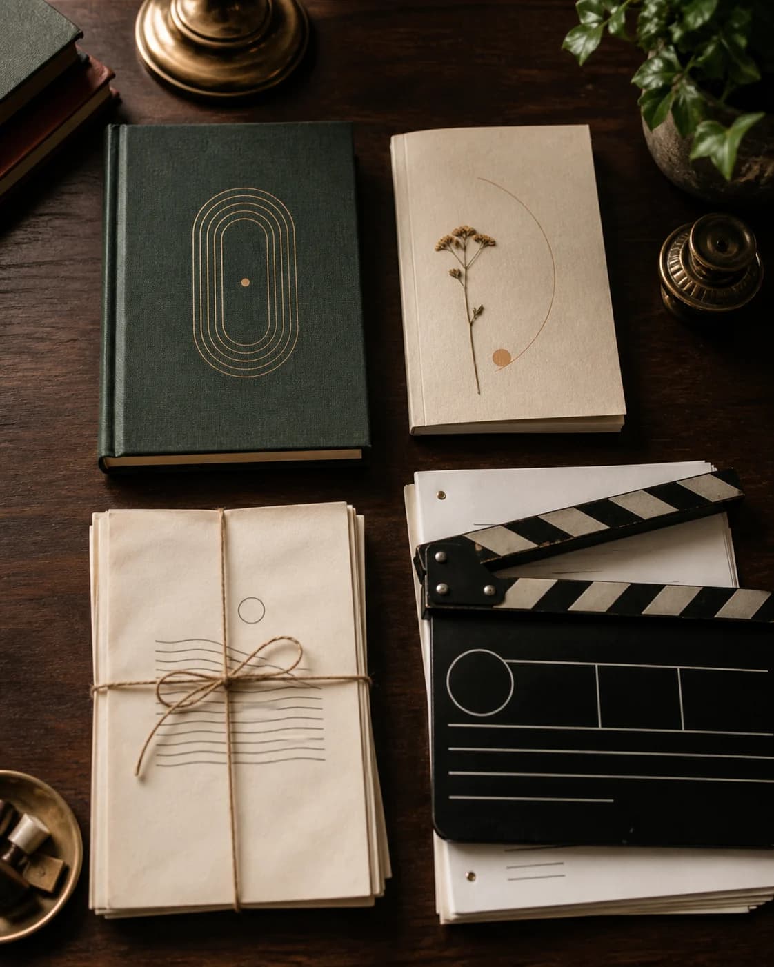 Four writing formats arranged as a literary still life for a new writing project