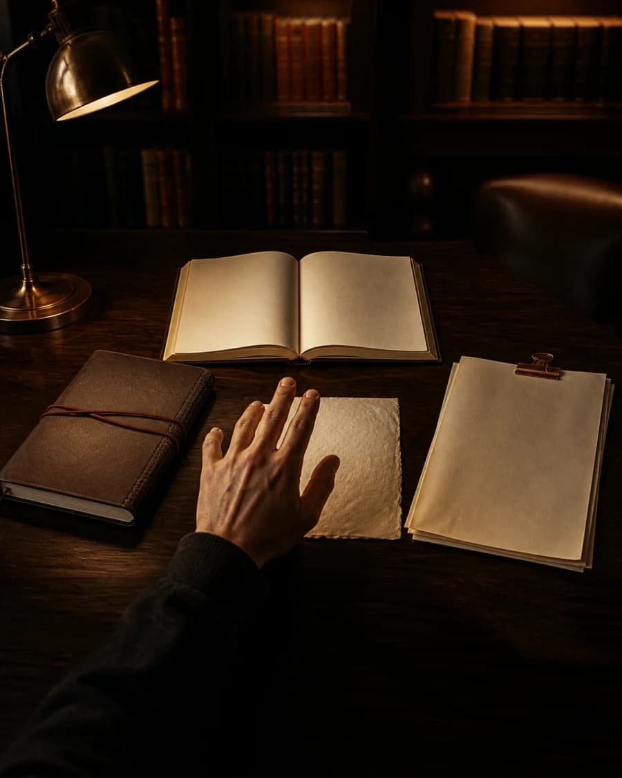 A writer choosing between different forms of creative writing at a dark walnut desk
