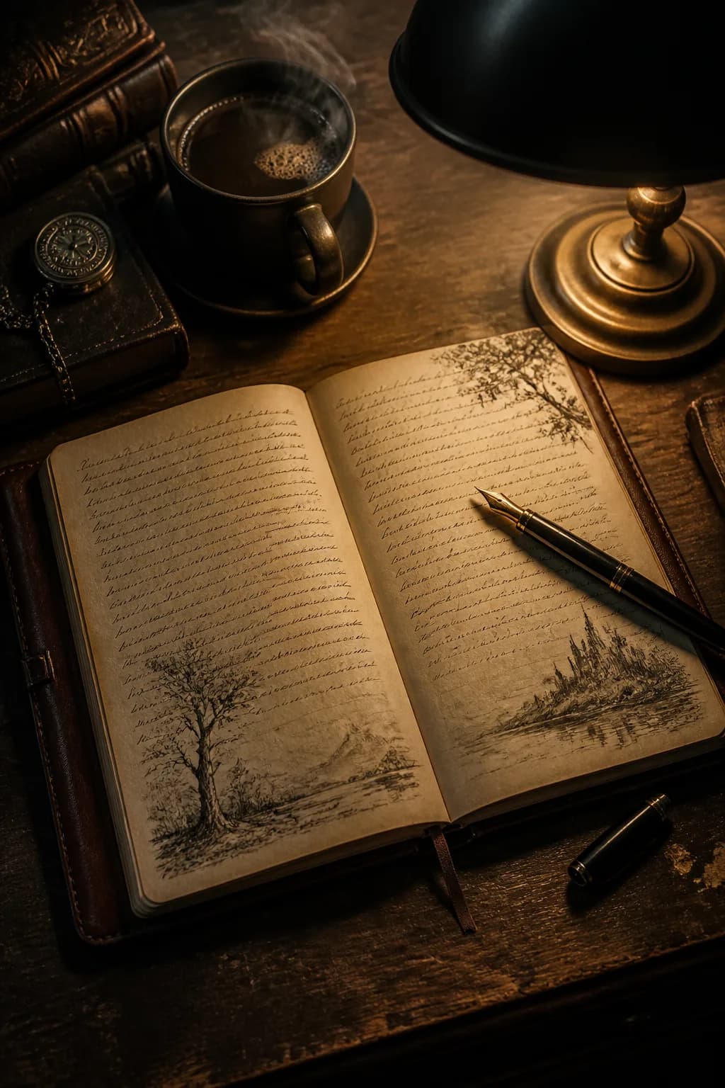 Open book and fountain pen representing long-form writing