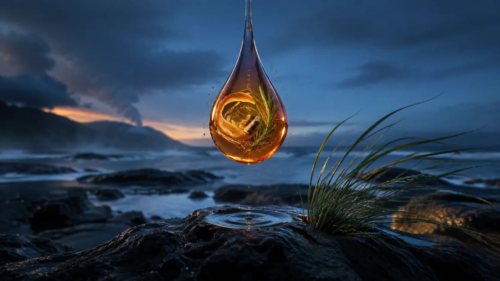An amber droplet holding citrus, rosemary, and a small chime above a dark volcanic shore