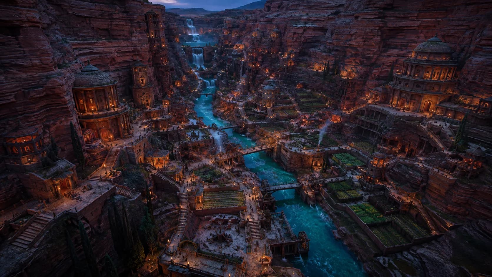 A coherent fantasy city carved into a red canyon and sustained by one turquoise river