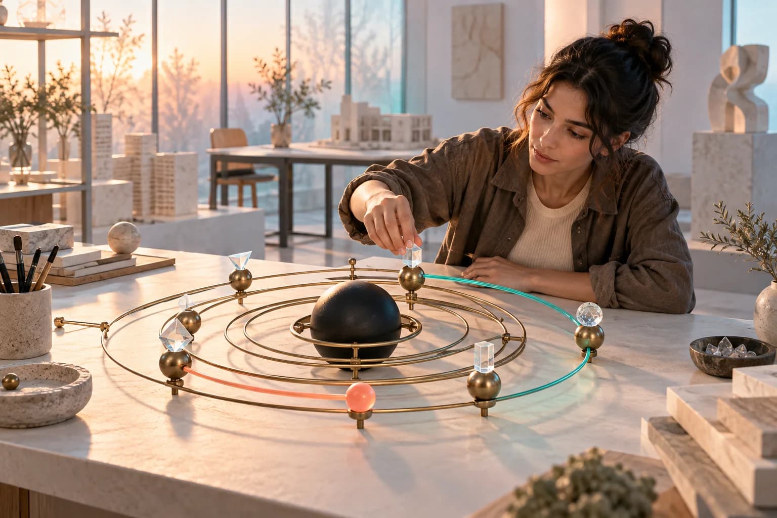 An adult writer adjusts a glass clue prism on a brass mystery mechanism with suspect orbits and one coherent teal path