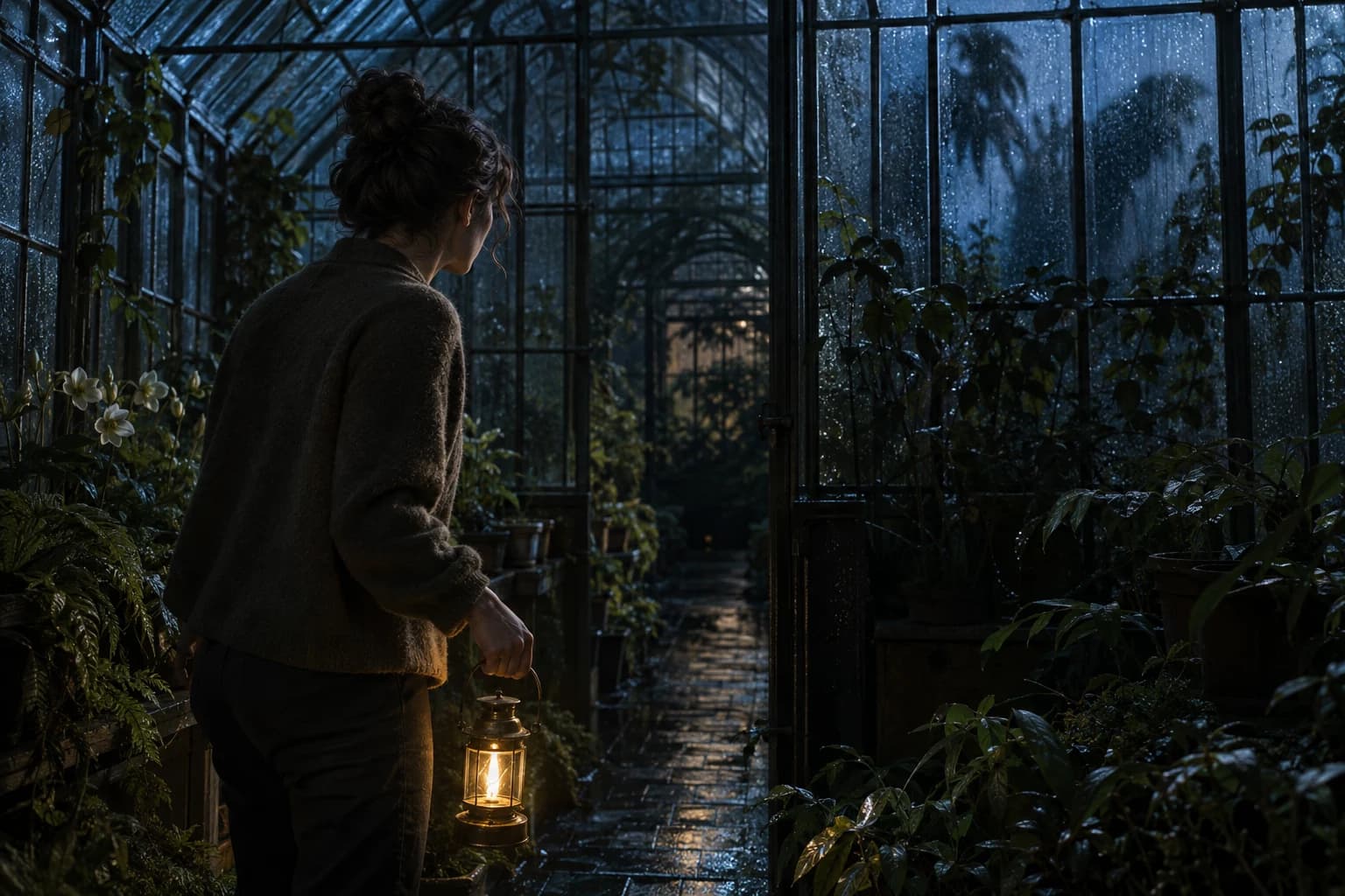 An adult writer carries a brass lantern through a rain-darkened greenhouse while a vague shadow waits beyond the glass