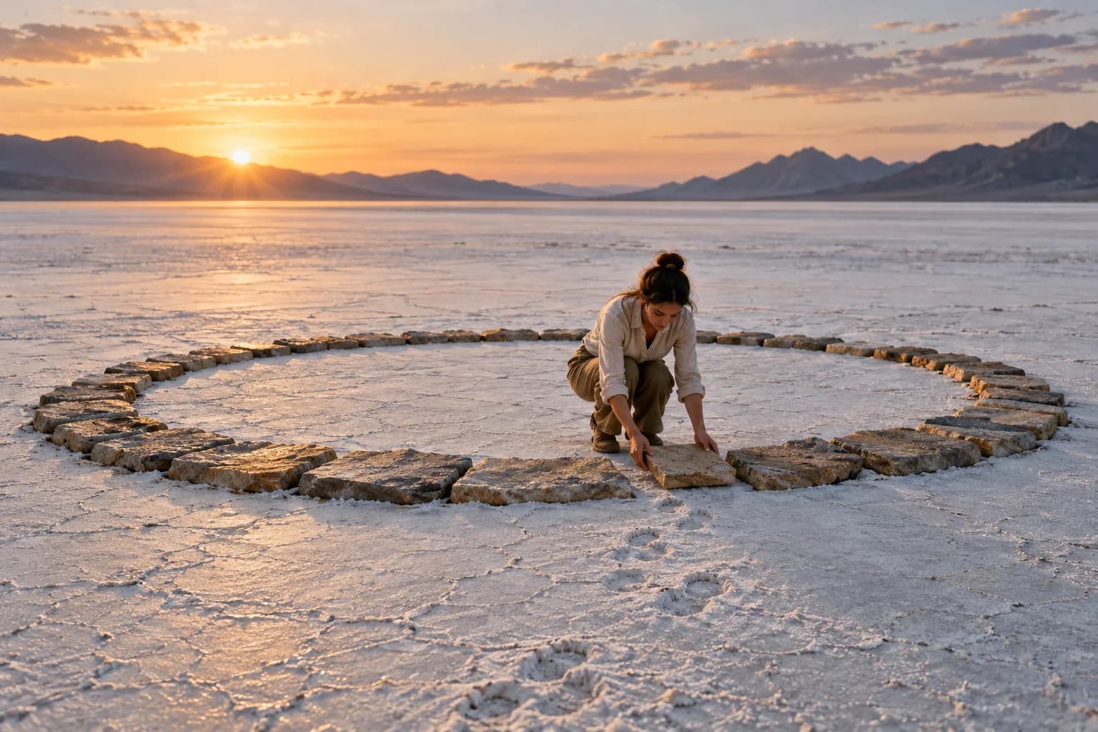 An adult writer completes a circular stone path on a vast salt flat at sunrise