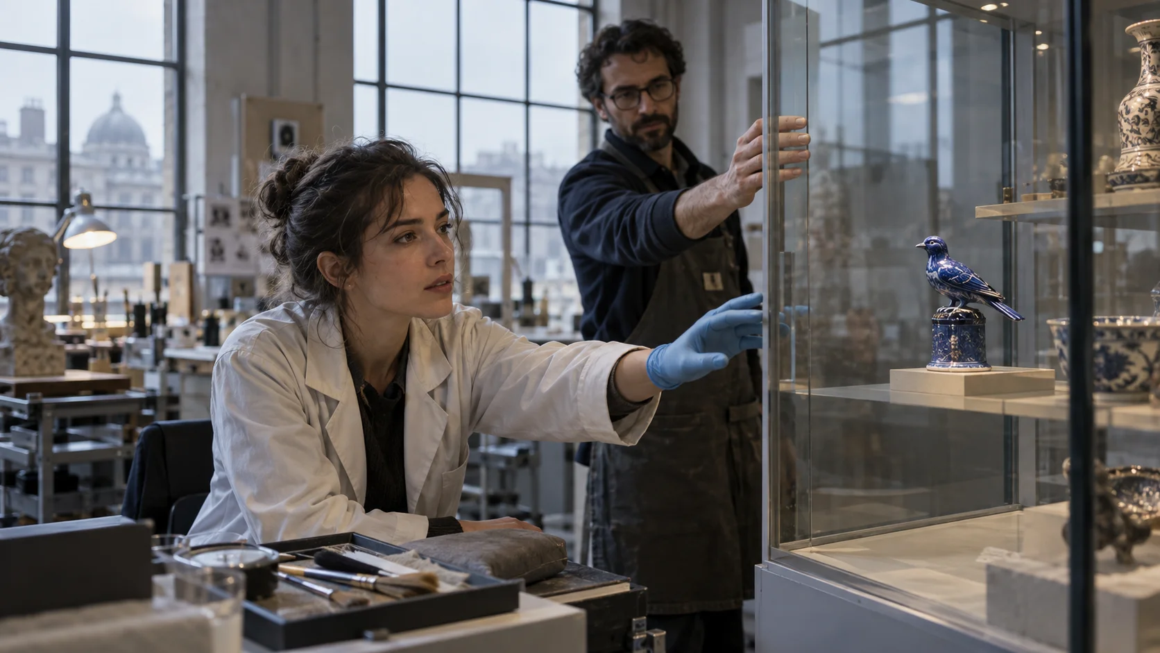 An adult museum conservator reaches toward a blue porcelain bird as a colleague closes the glass cabinet