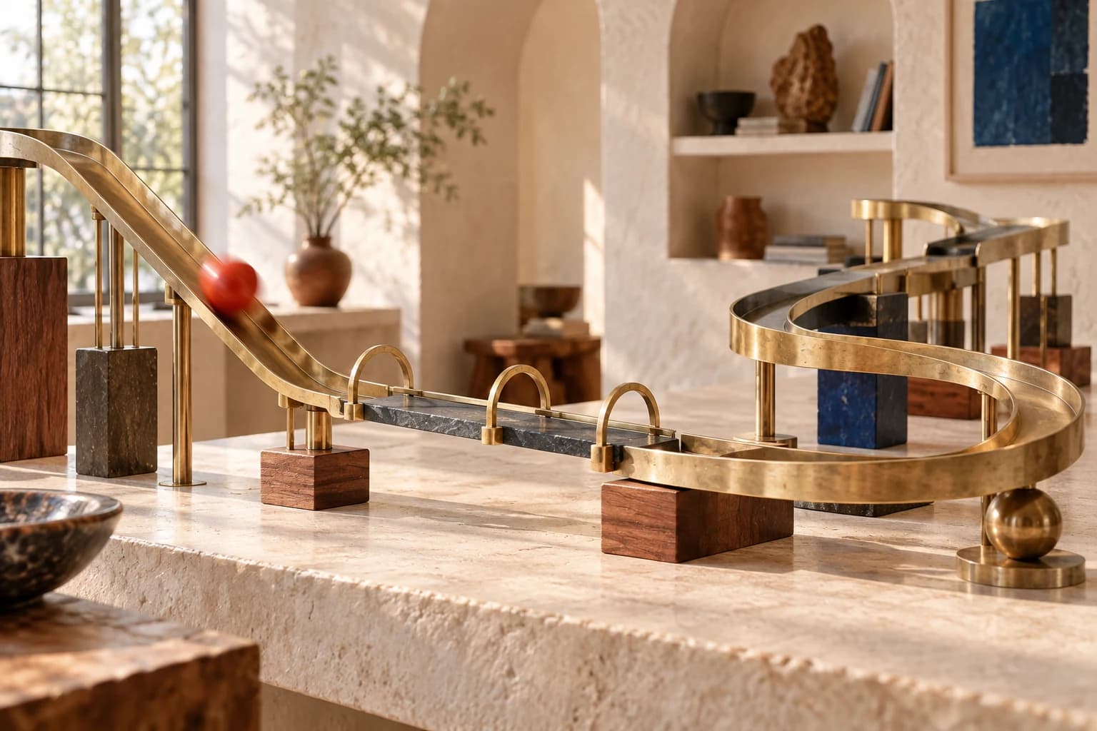 A red wooden sphere moves through an original brass track with alternating slopes, curves, and quiet level stretches