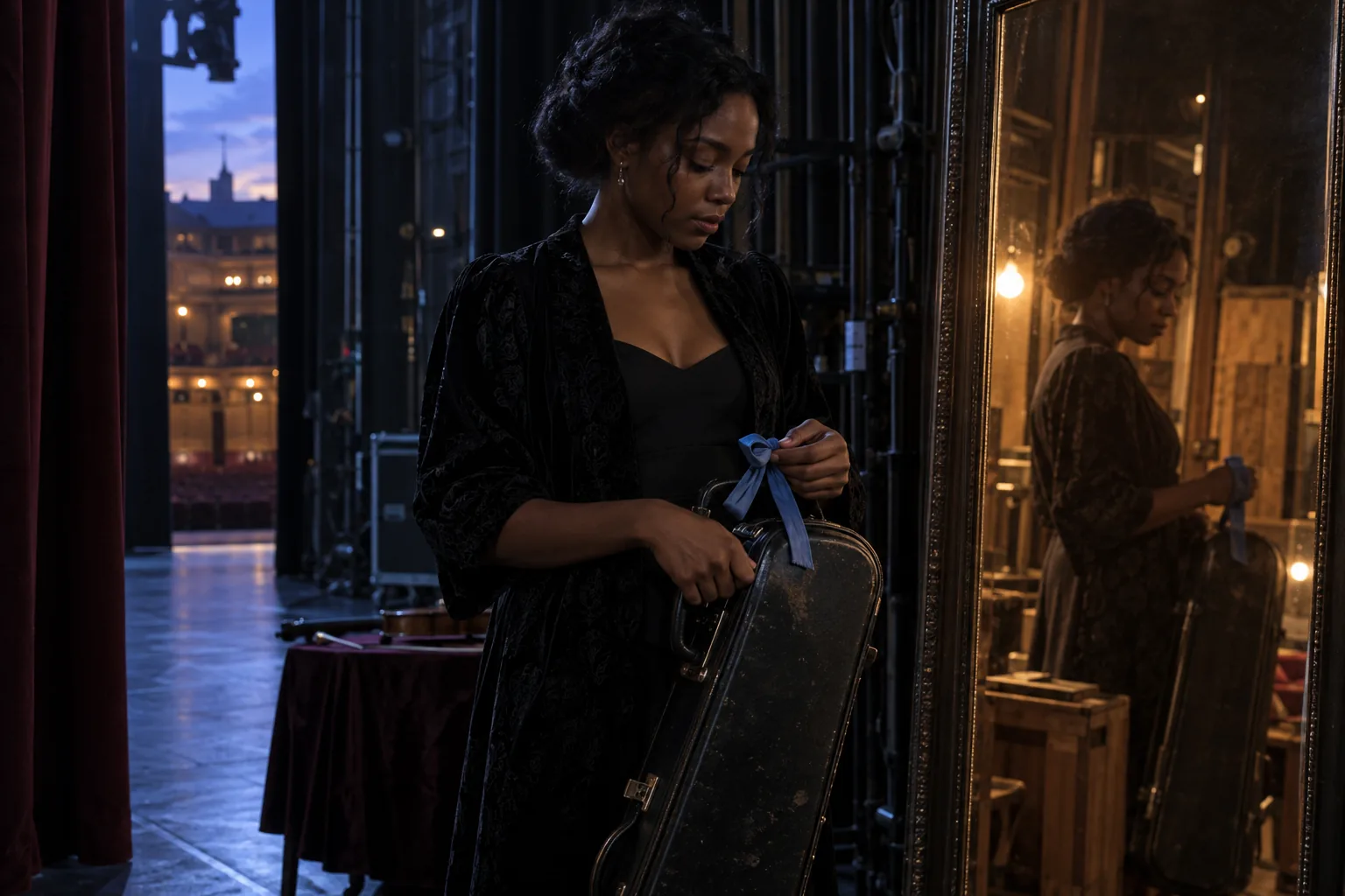 Adult violinist backstage holds a blue ribbon on her case beside a mirror reflecting warmer rehearsal light