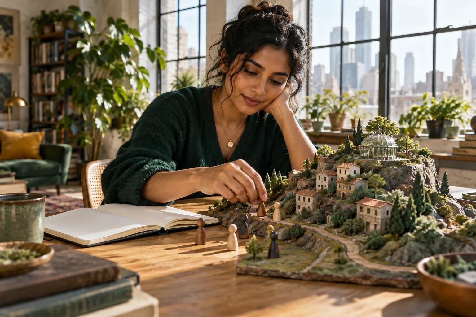 Adult writer arranges wooden character tokens around a miniature hillside town and glass conservatory on a sunlit table