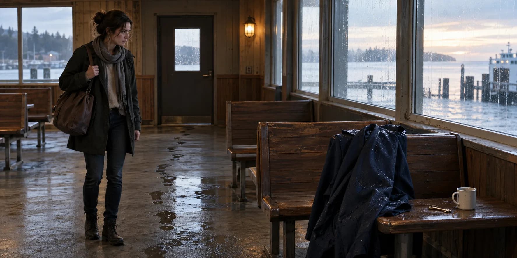 Adult writer notices a soaked coat, untouched cup, and wet floor inside a quiet coastal ferry terminal after a storm