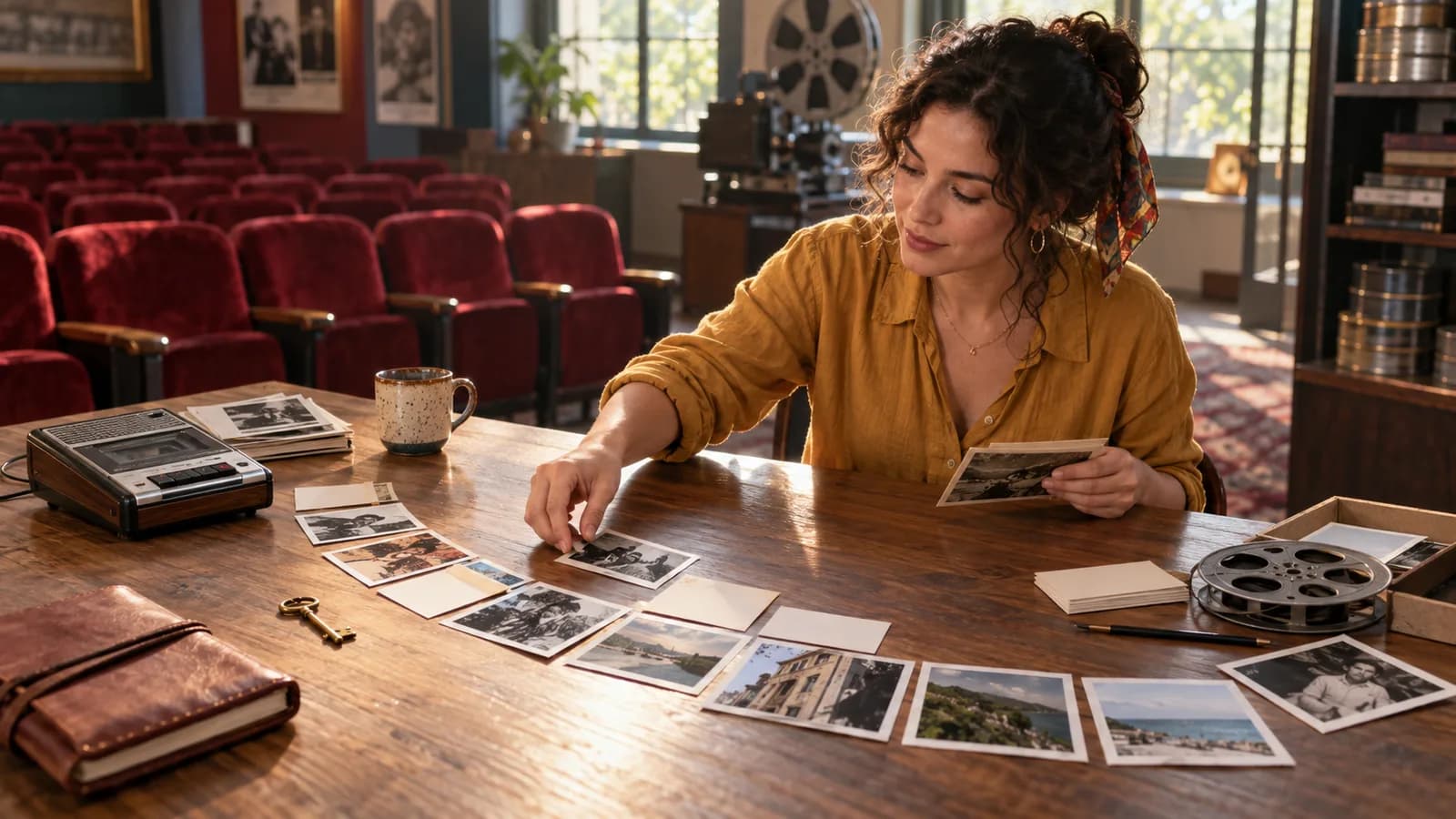 Adult memoir writer arranges photographs, cassette recordings, and blank cards into a story path inside a restored cinema