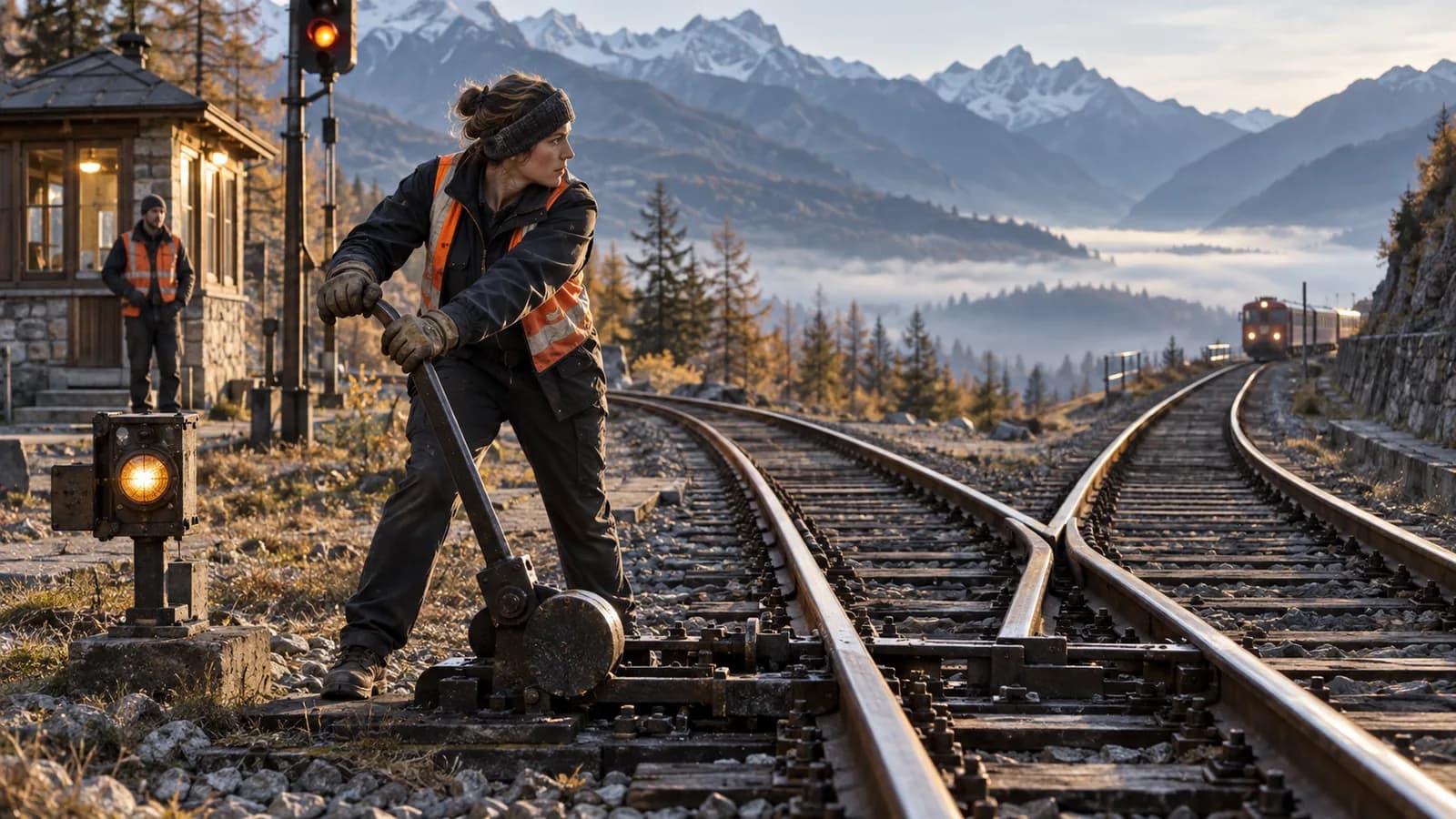 Adult railway engineer operates a switch where two mountain rail lines meet while a colleague waits beside the signal cabin