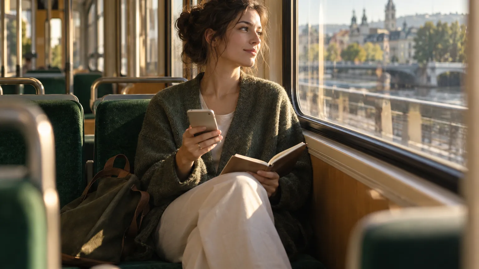 Adult fiction writer on a sunlit city tram holds a smartphone and a blank notebook while considering her next chapter