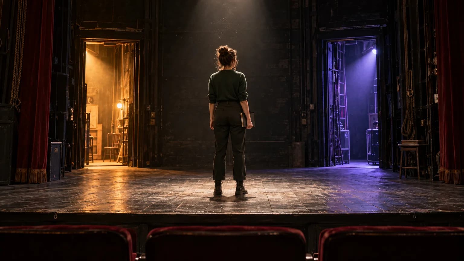 Adult writer with a blank notebook stands on an empty theater stage between two differently lit backstage passages