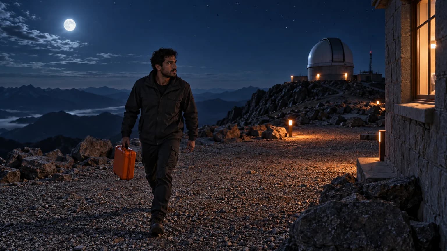 Adult technician carrying an orange document case across a rocky observatory courtyard at night