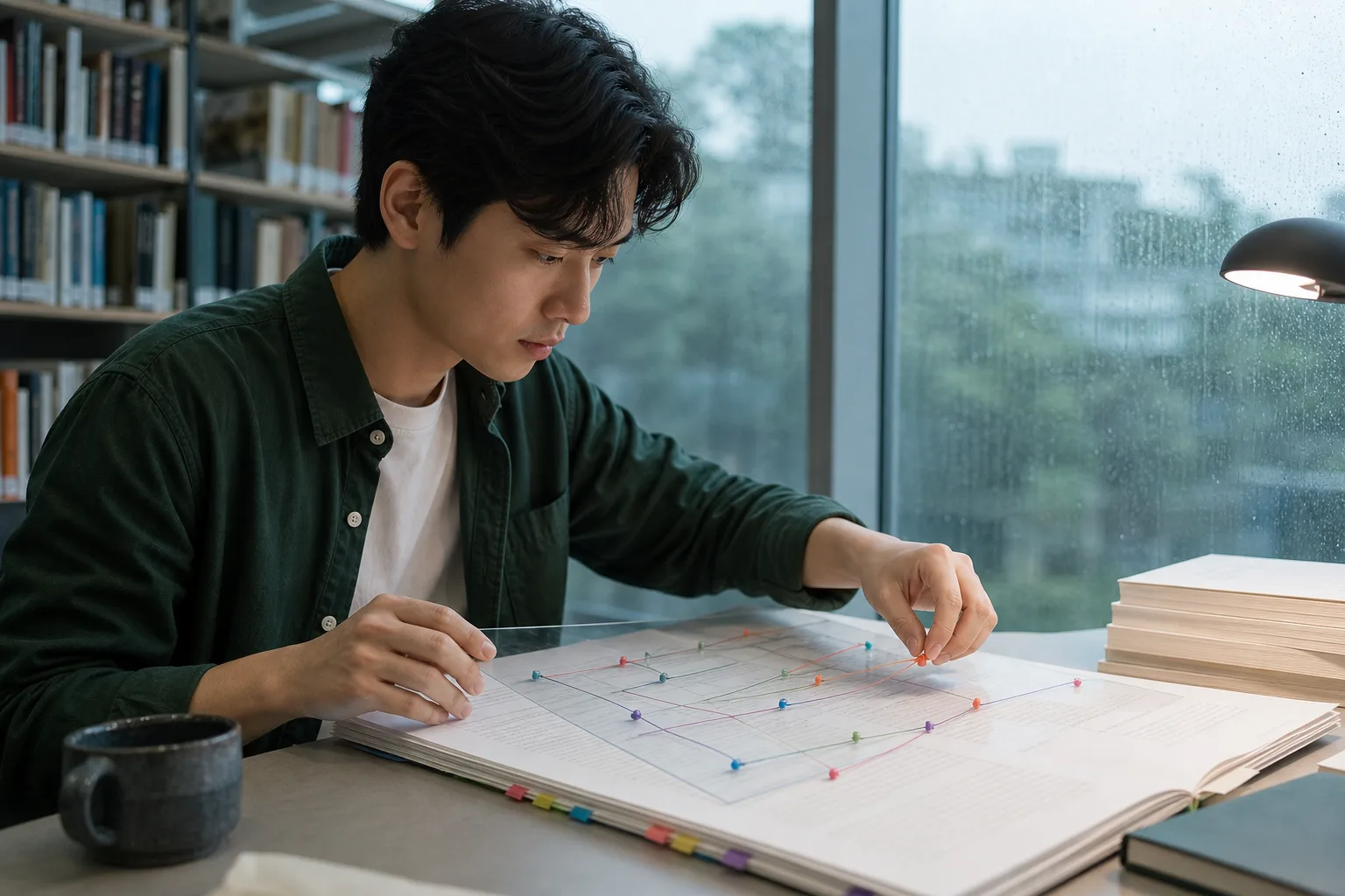 成人の作家が原稿の上に透明な時間線を重ねて物語の連続性を確認している
