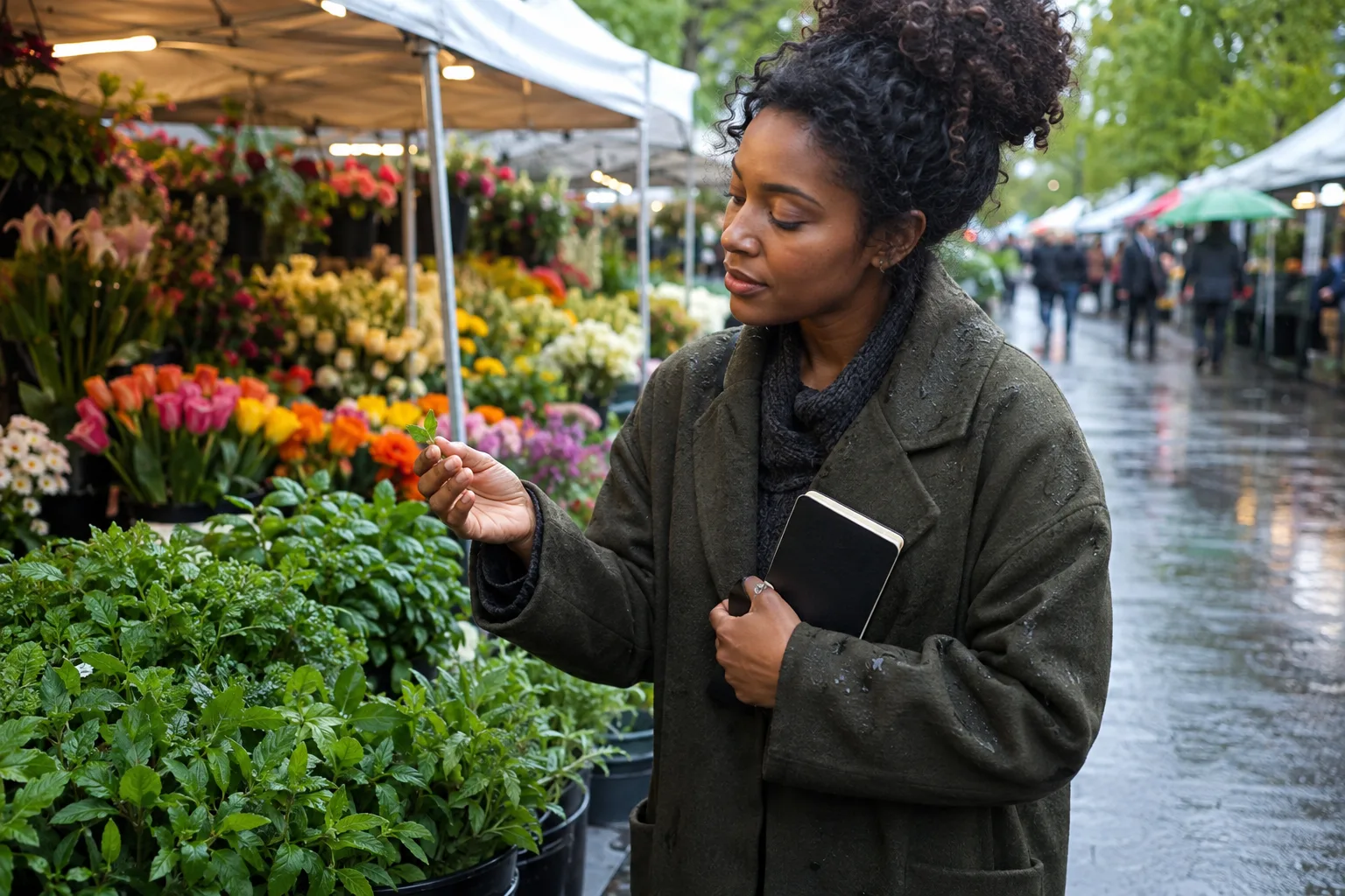 Uma poeta cheira uma folha de hortelã num mercado de flores molhado pela chuva segurando um caderno fechado