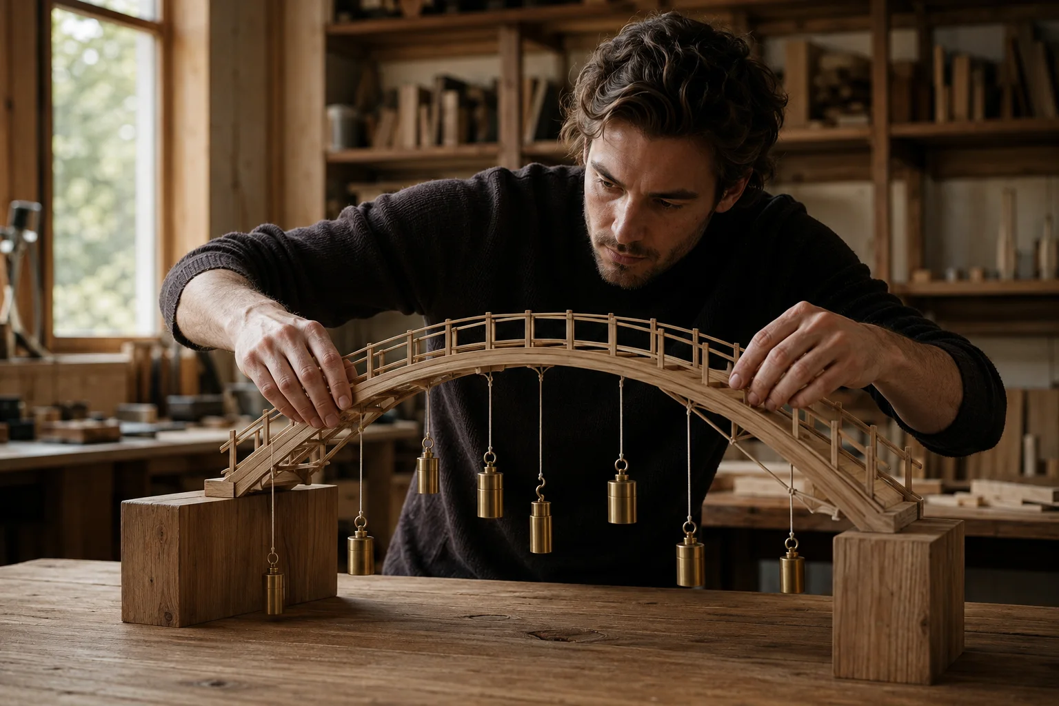 Ein erwachsener Kreativer prüft eine Holzbrücke mit mehreren Messinggewichten