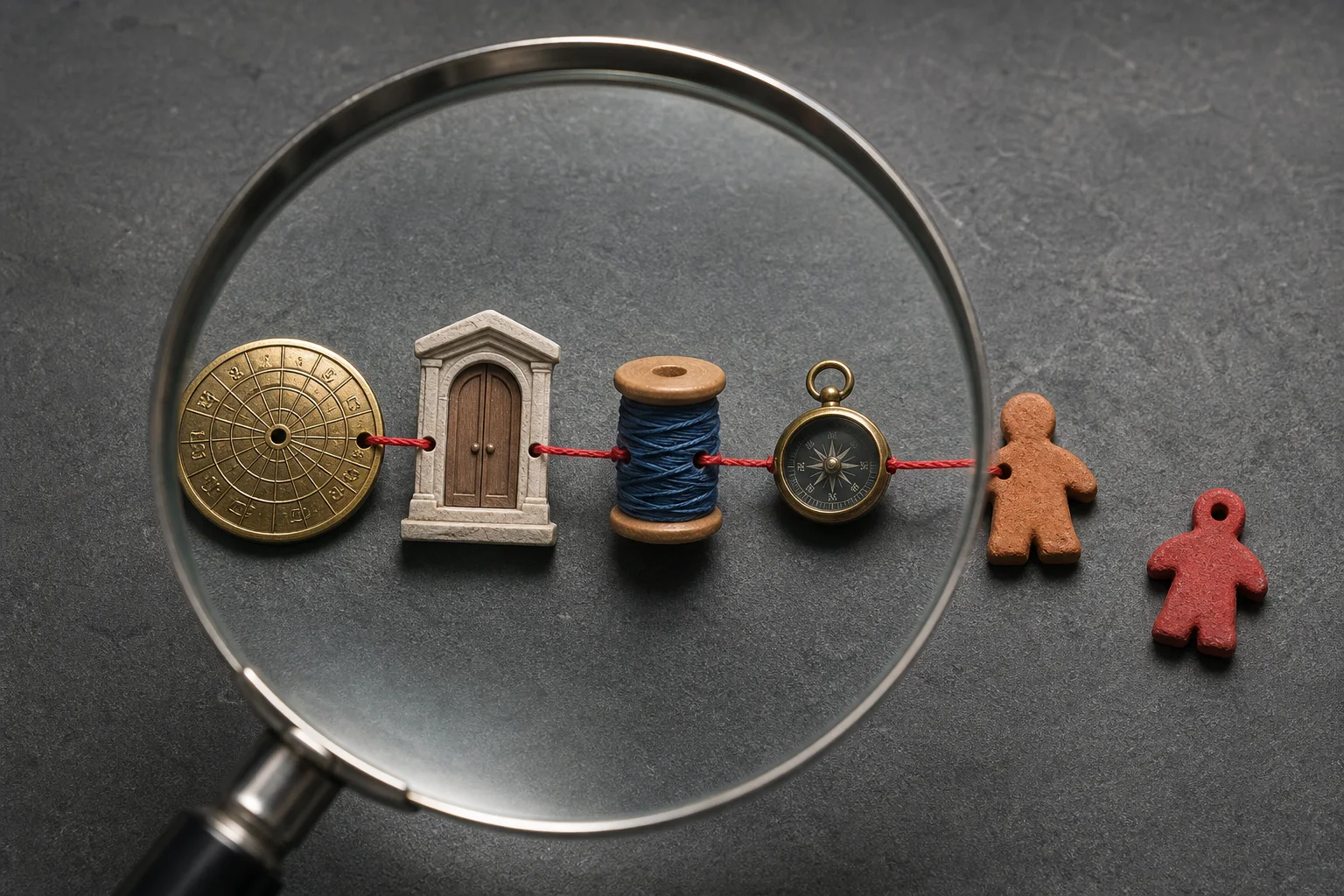 A magnifying lens examines a chain of brass, clay, glass, and thread objects with one inconsistent red token set aside