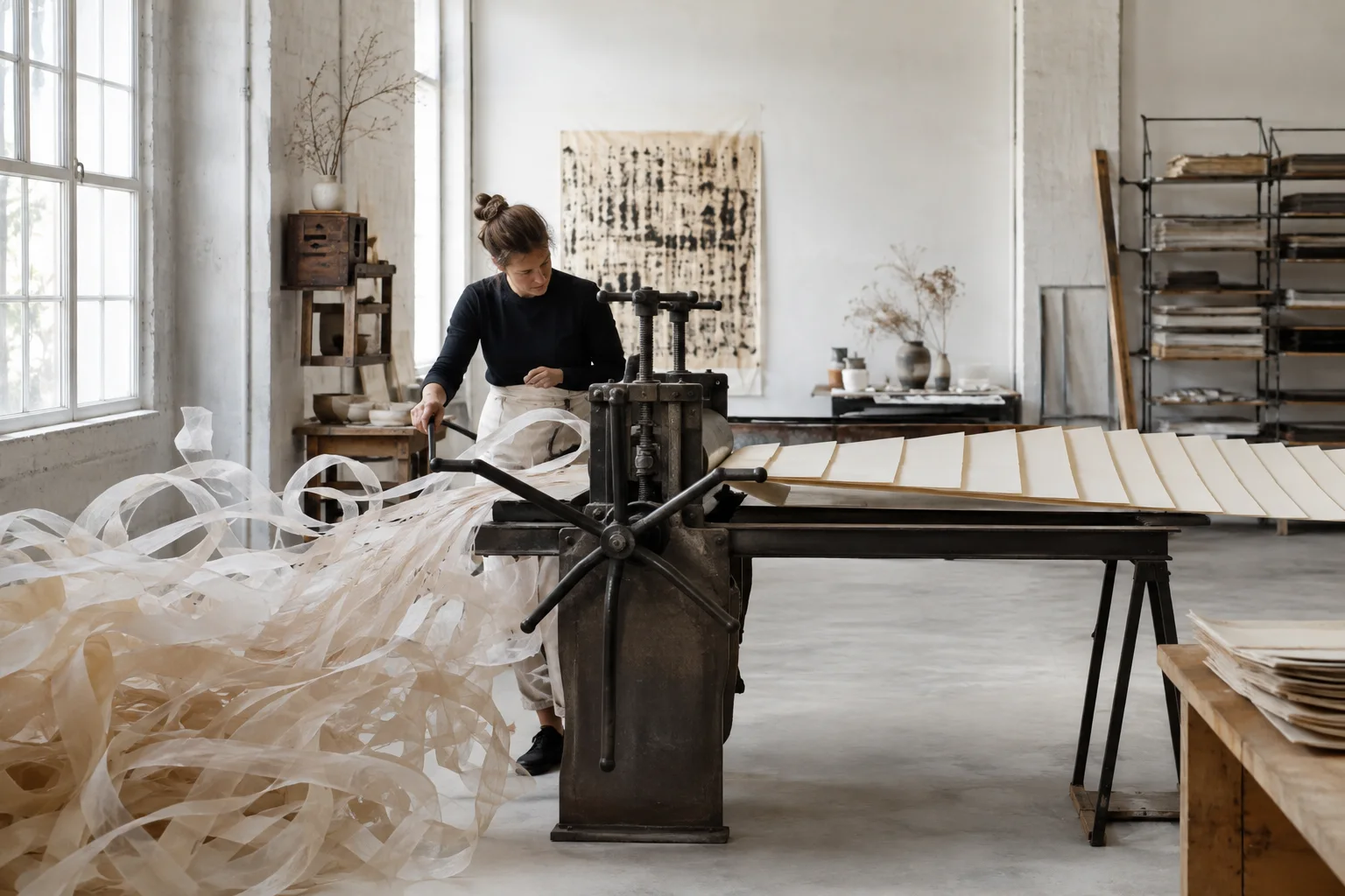 An adult editor guides tangled paper ribbons through a manual press into an ordered sequence of blank pages