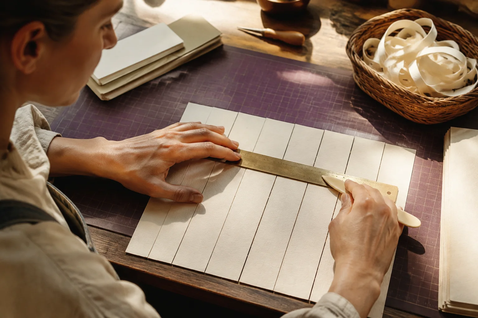 An adult editor aligns blank paper strips with a brass ruler and bone folder while excess loops rest in a basket