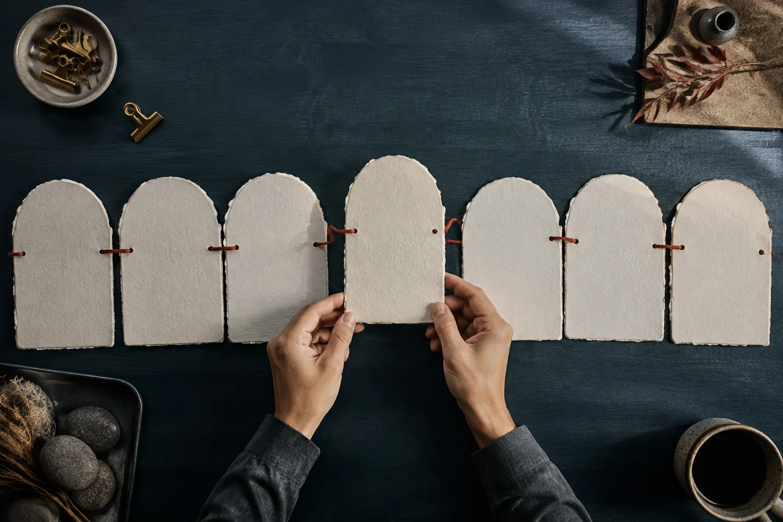 Adult hands reposition one handmade paper arch within a connected sequence on a dark teal table