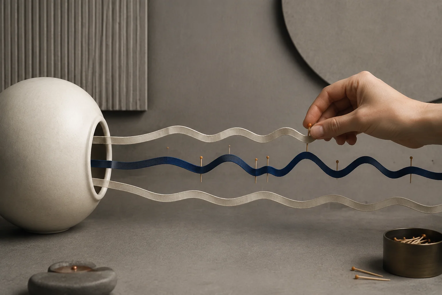 An adult hand shapes one indigo fabric rhythm between two pale uniform ribbons using small wooden pins