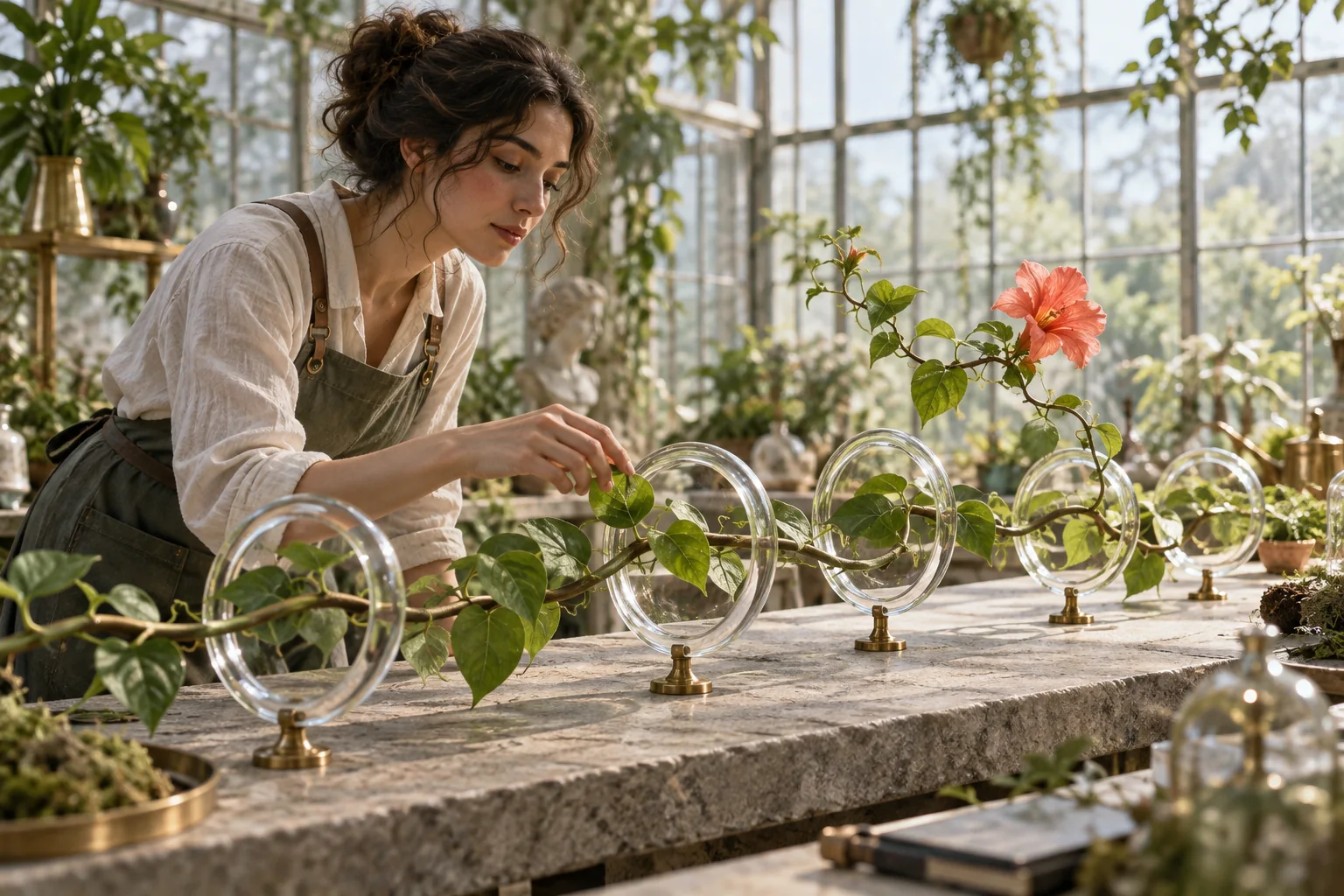 A living vine passes through clear glass rings while one bright coral flower grows from a plausible side branch