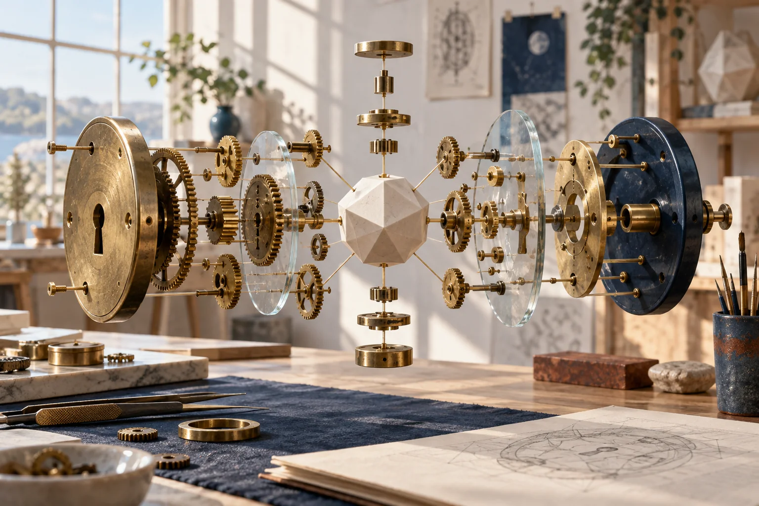An exploded brass lock mechanism connects every gear and glass plate to one faceted solution at its center