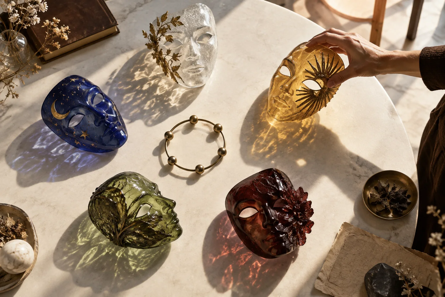 Five distinct translucent masks cast different shadows around a brass timeline ring as an adult writer turns one mask