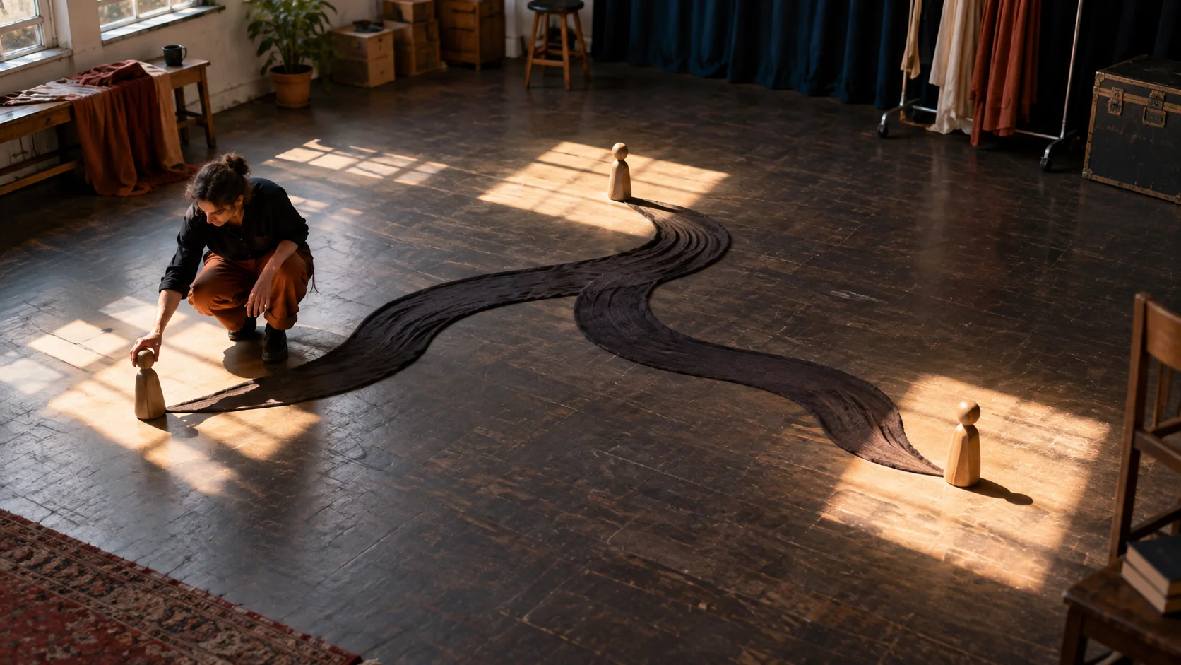 An adult director places unmarked wooden character tokens in separate pools of light connected by a dark fabric path