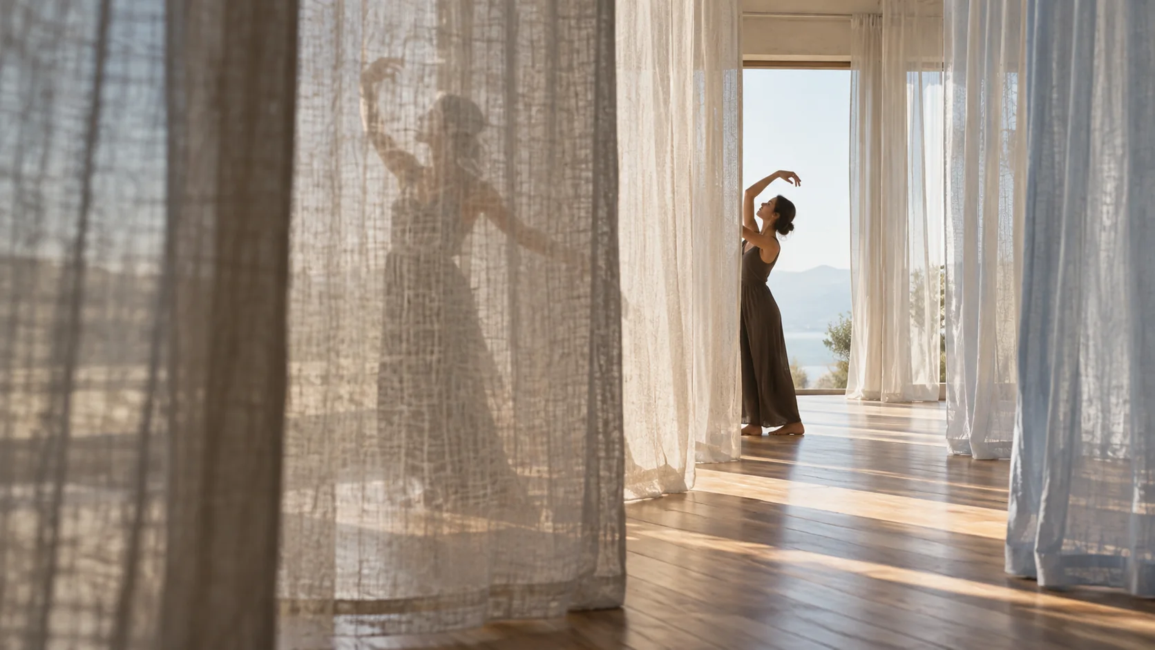 An adult performer seen at changing clarity through several translucent linen curtains in a bright studio