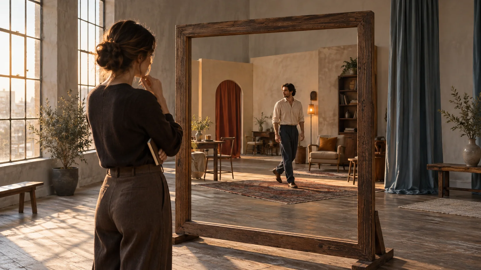 An adult writer studies an actor through one large wooden viewing frame in a sunlit rehearsal studio