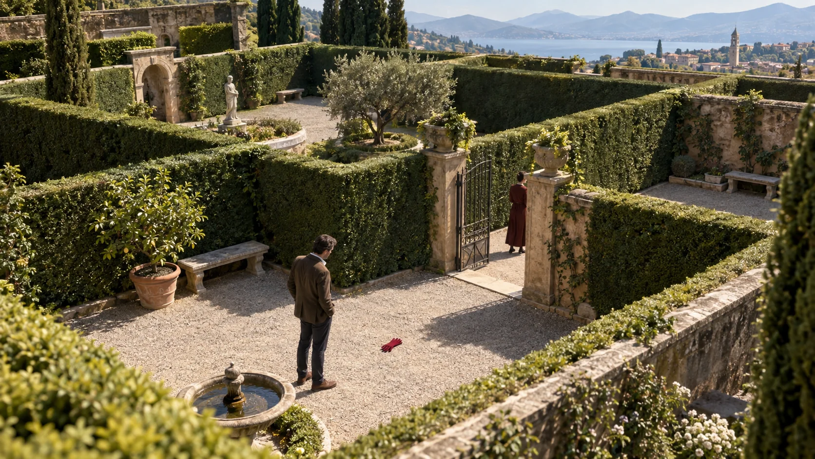An adult observer sees one courtyard, a red glove, and a nearby figure while tall hedges conceal adjoining spaces