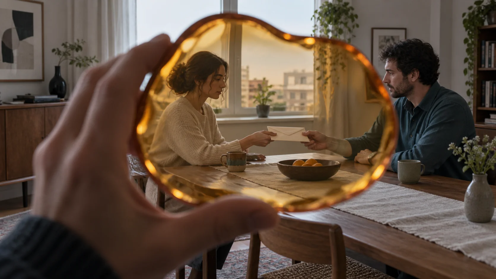 An amber glass lens subtly distorts two adults exchanging an envelope in an otherwise calm apartment