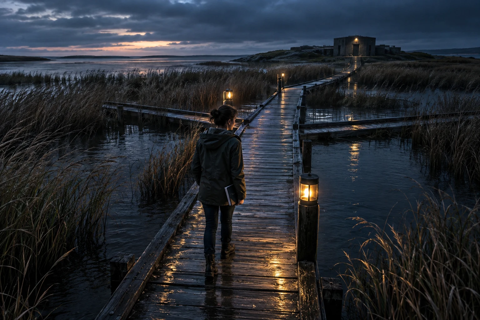An adult writer follows a lamp-lit boardwalk across a flooded coastal marsh toward a distant shelter as side paths disappear underwater