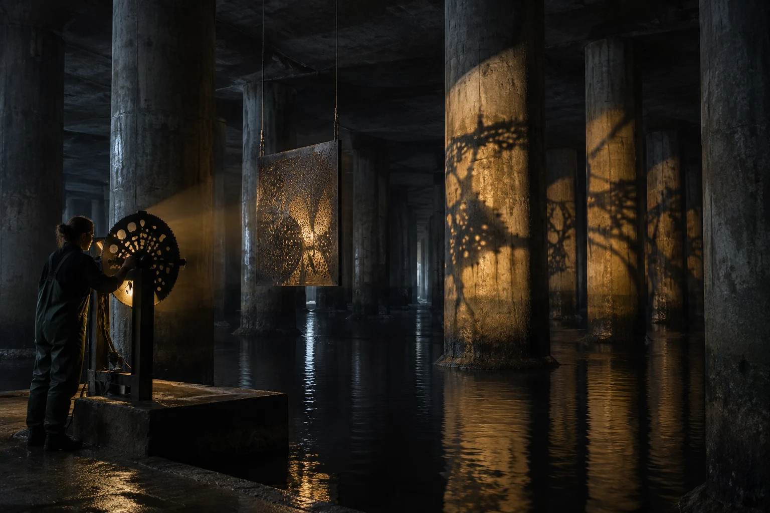 An adult lighting artist adjusts a perforated metal wheel that casts an ambiguous shadow through a flooded concrete reservoir