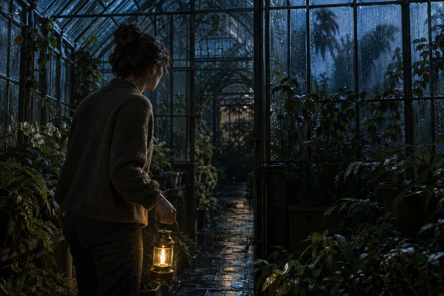 An adult writer carries a brass lantern through a rain-darkened greenhouse while a vague shadow waits beyond the glass