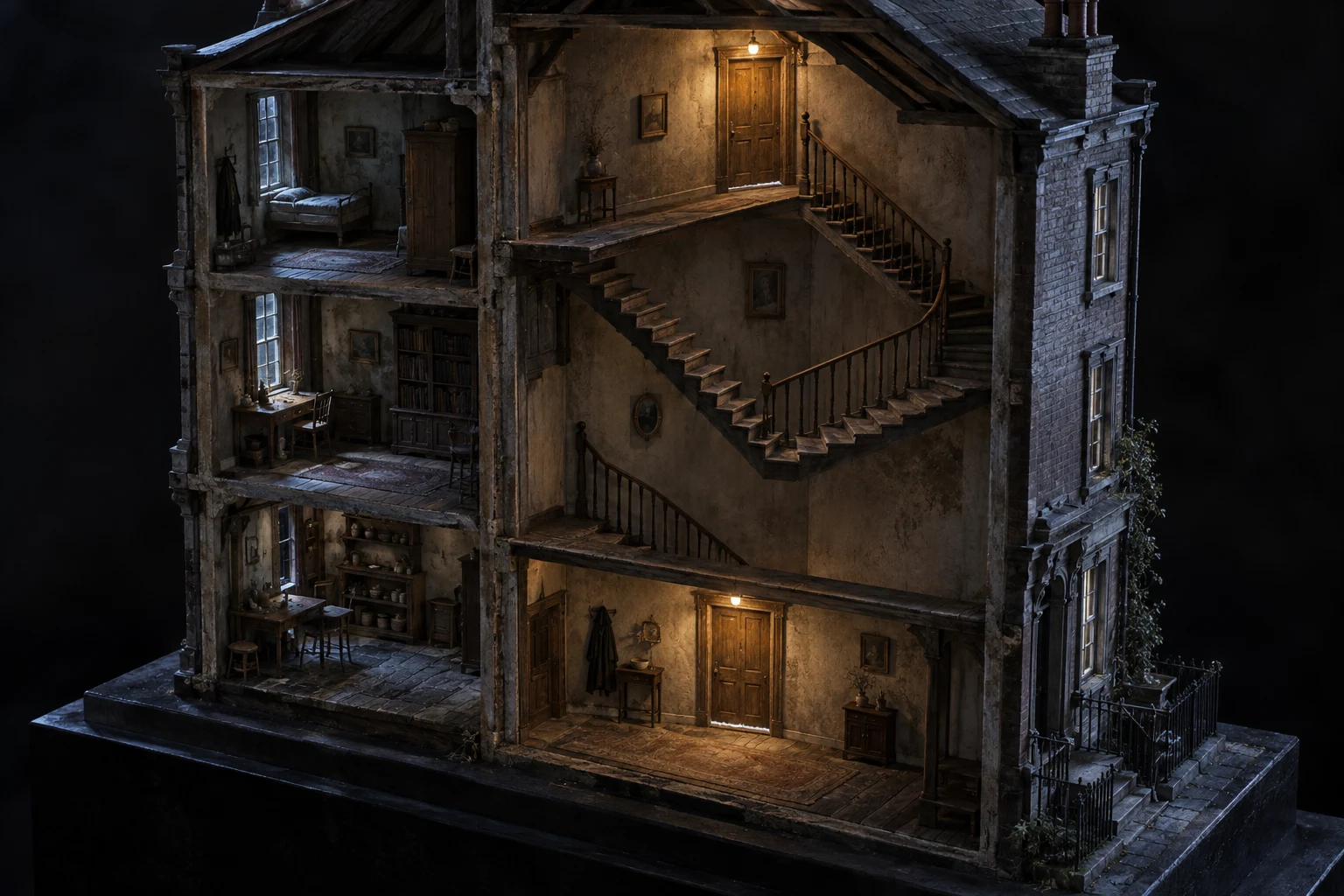 A handcrafted cutaway townhouse contains an impossible staircase that repeatedly returns to the same lit door
