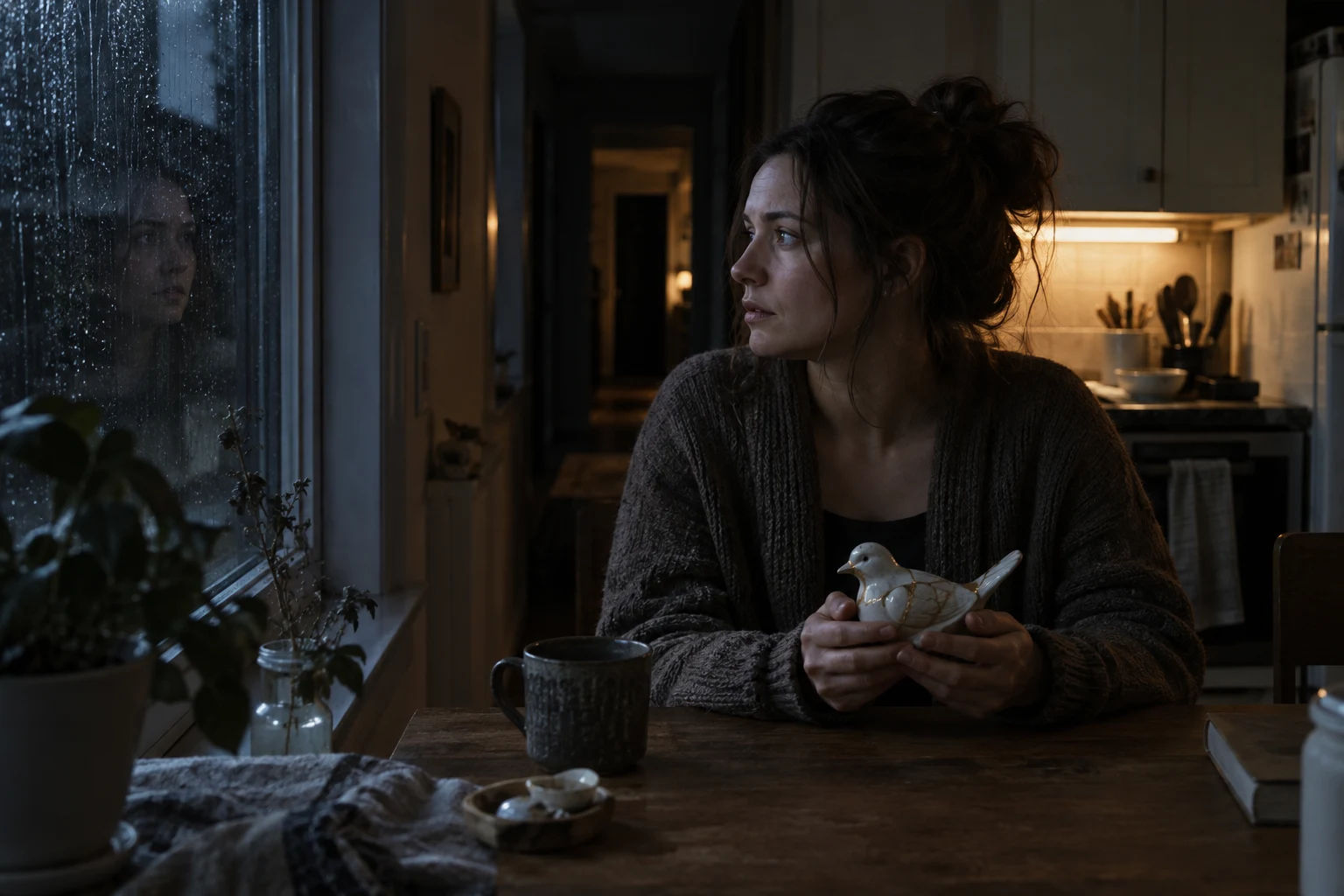 An adult woman holds a repaired ceramic bird in a dim kitchen while her reflection in the rainy window seems subtly misaligned