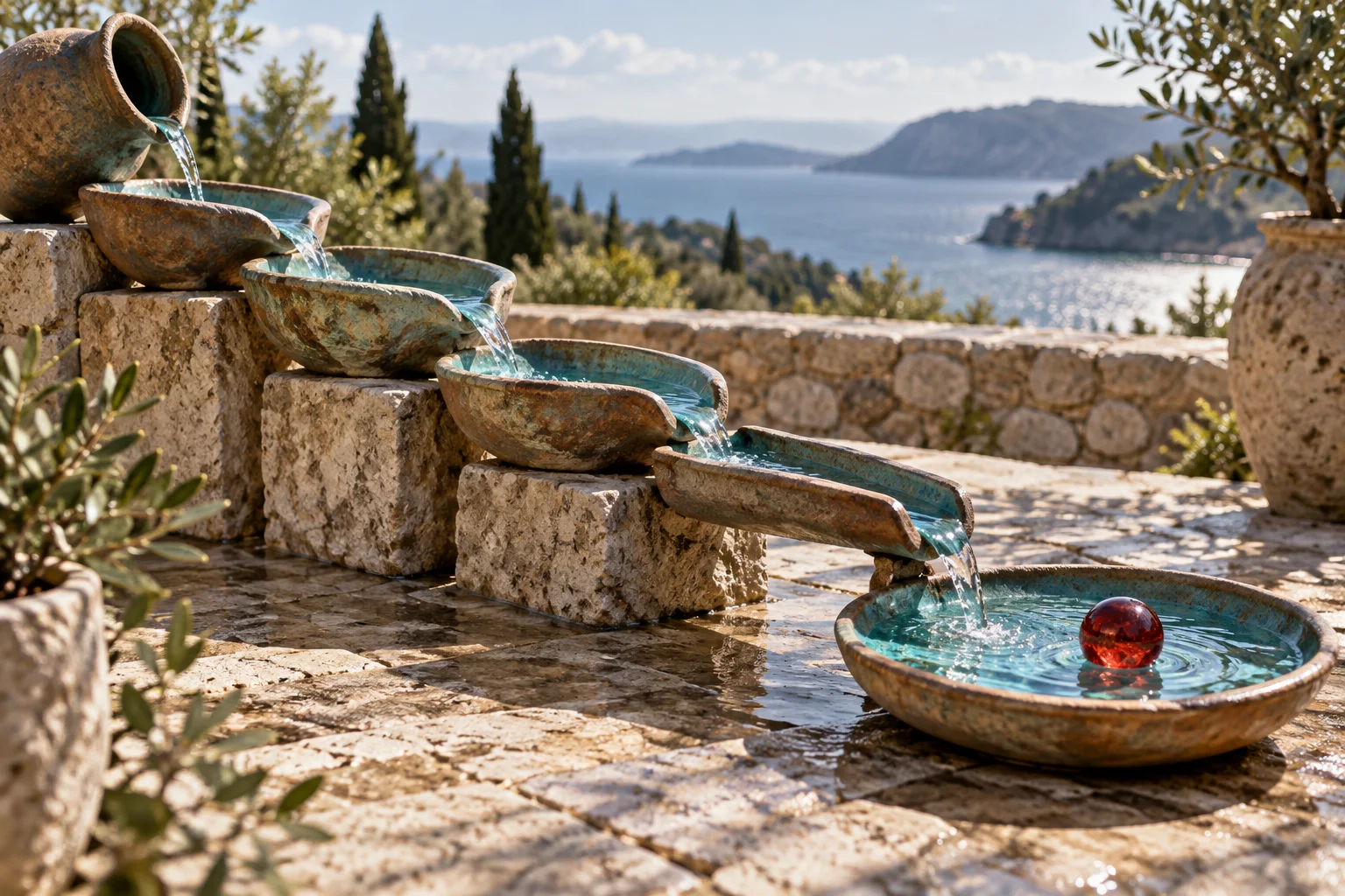 A sequence of handmade ceramic channels carries water and a red glass sphere into a final basin