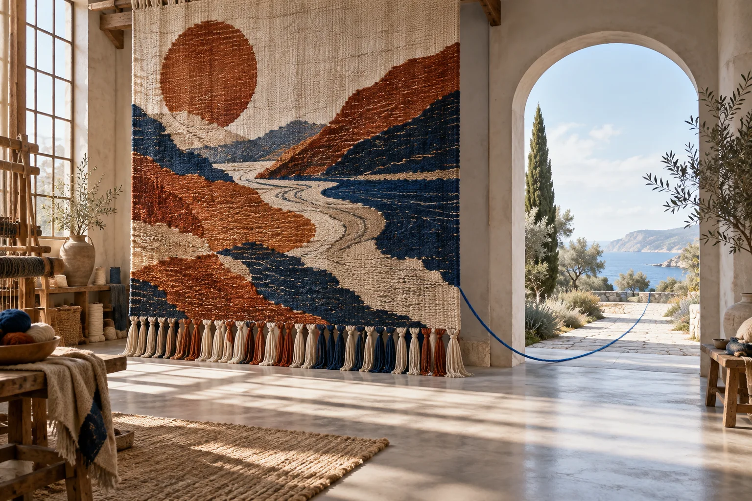 A finished rust and blue tapestry has one cobalt thread continuing through a bright open archway