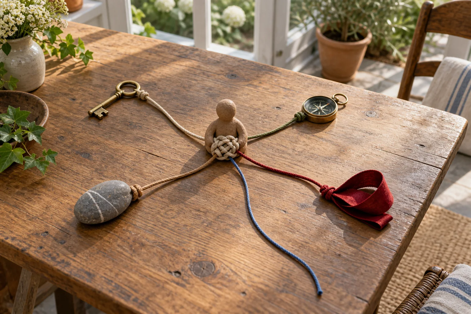A clay figure connects a key, compass, river stone, and red ribbon with cords while one blue cord remains open
