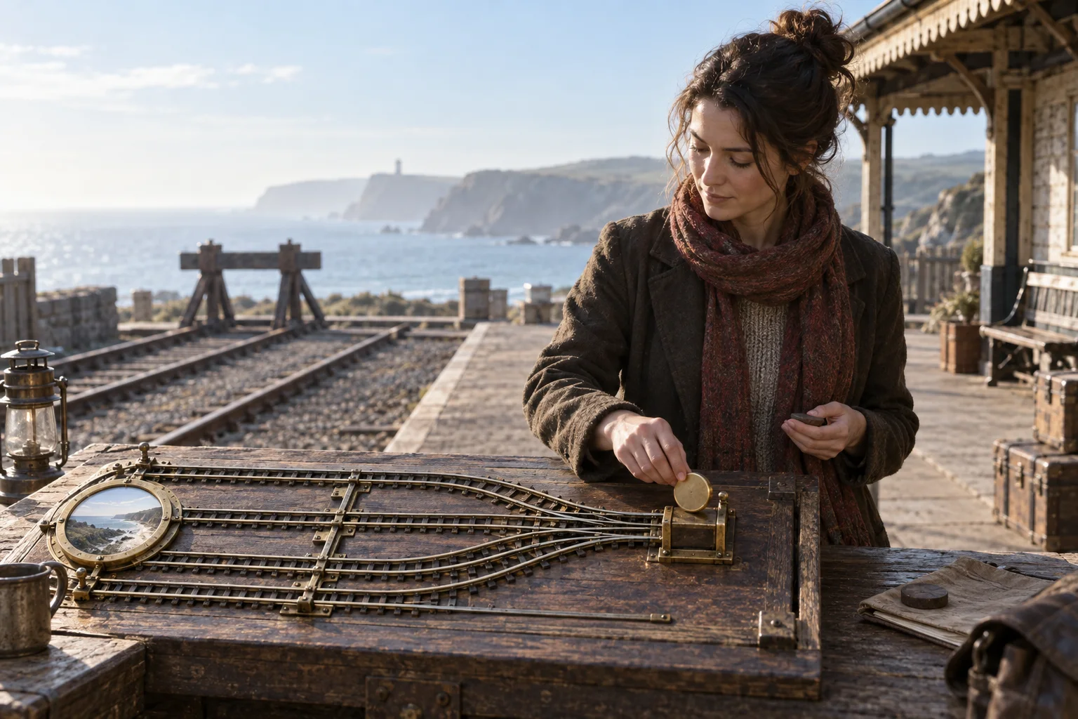 An adult writer places a final token where several brass railway tracks converge at a coastal terminus
