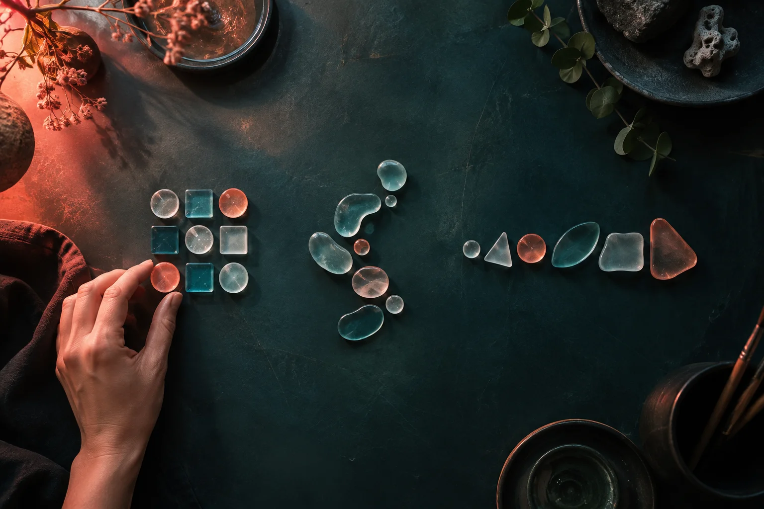 An adult hand arranges translucent ceramic shapes into three distinct patterns on a dark worktable